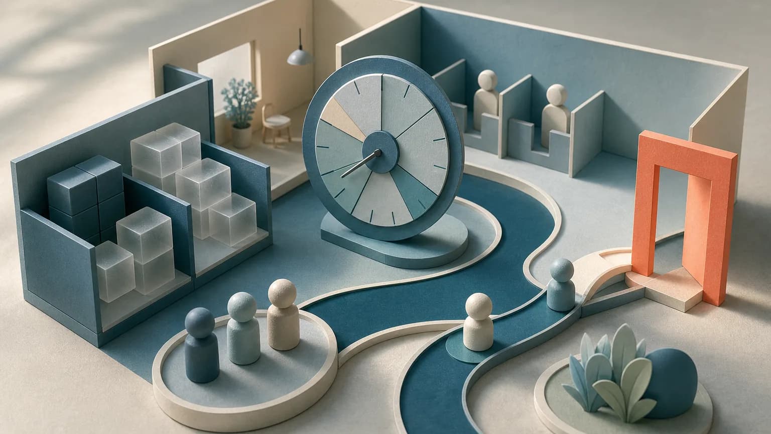 Architectural model linking capacity blocks, an unnumbered schedule dial, a short queue, and an open doorway.