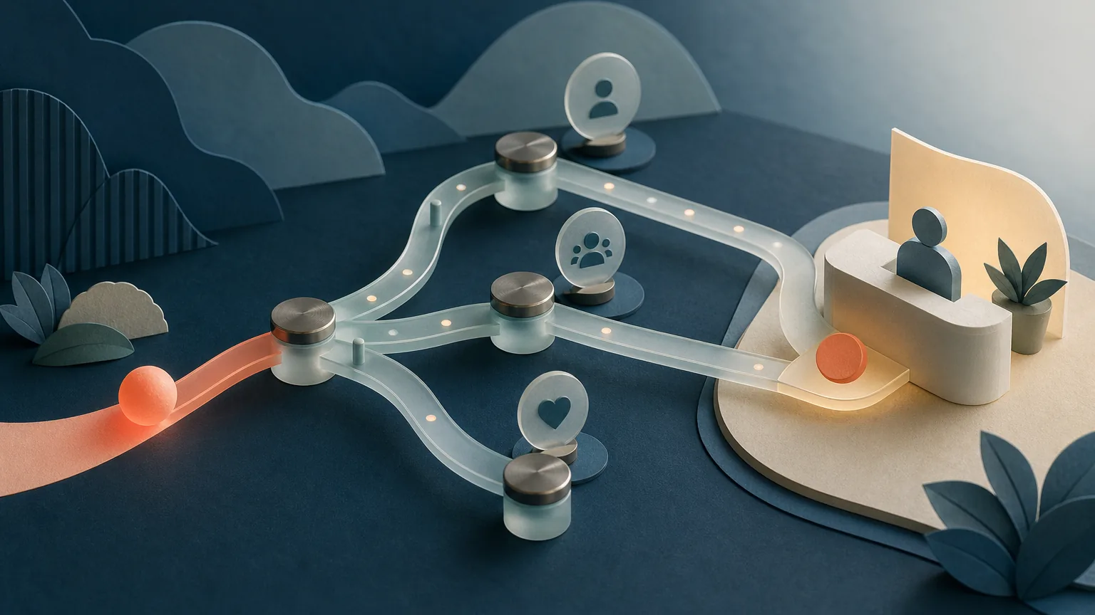 Miniature routing landscape showing one incoming inquiry branching through coordinated handoff points to a response desk.