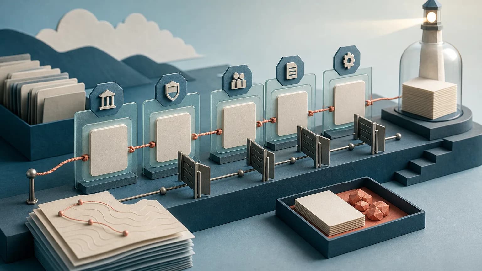 Ordered archive landscape connecting blank record tiles, control gates, an exception tray, and a review beacon.