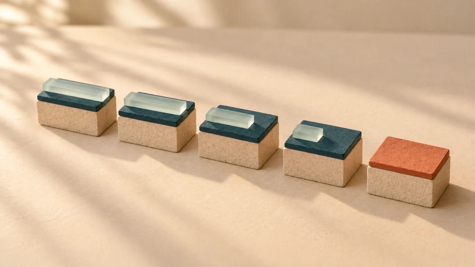 Five clay blocks in a row, each carrying a frosted glass bar shorter than the one before it; the last block has no glass left at all and is capped in coral.