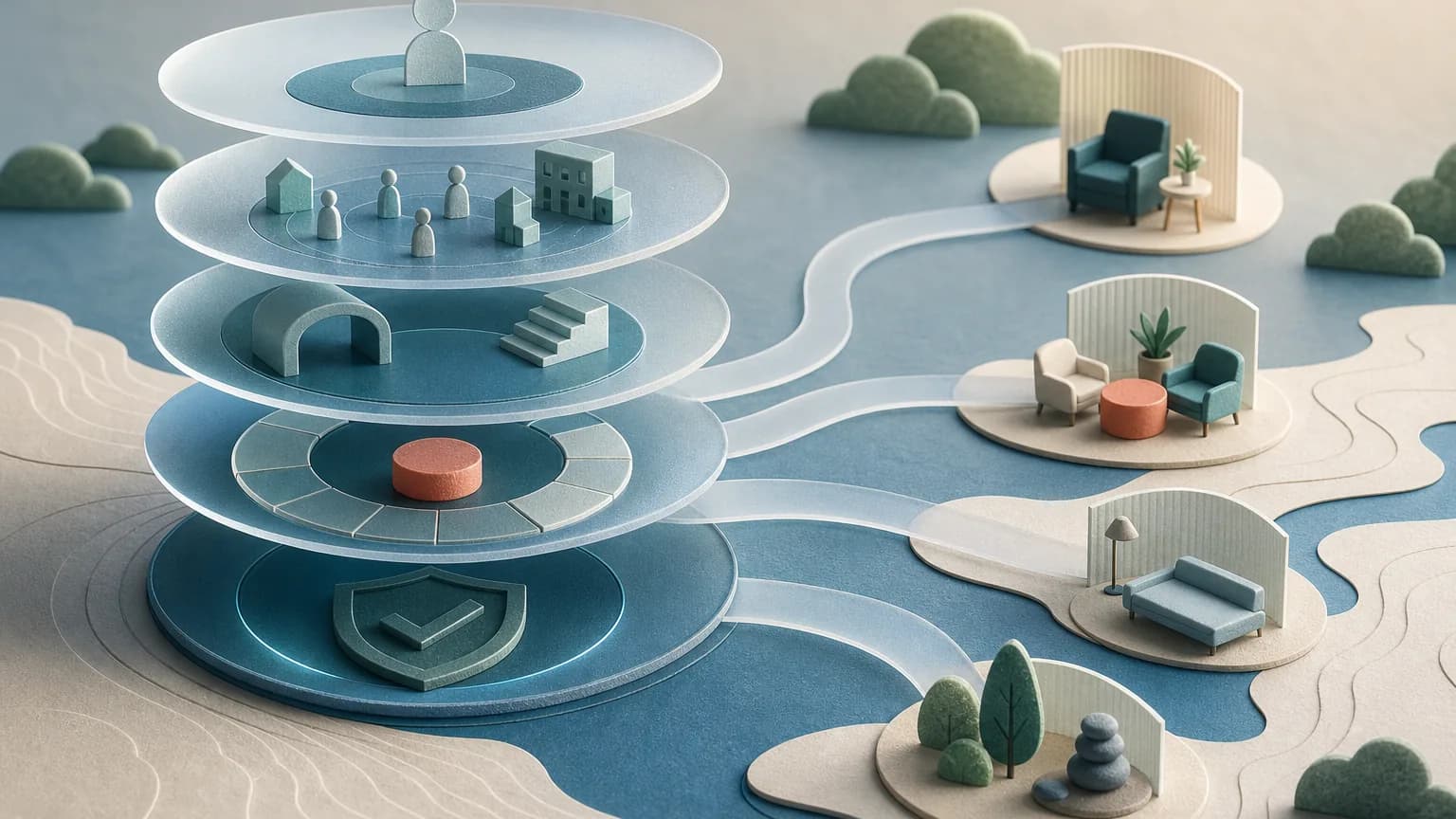 Exploded translucent layers representing eligibility, network, service-level benefits, cost share, and authorization.
