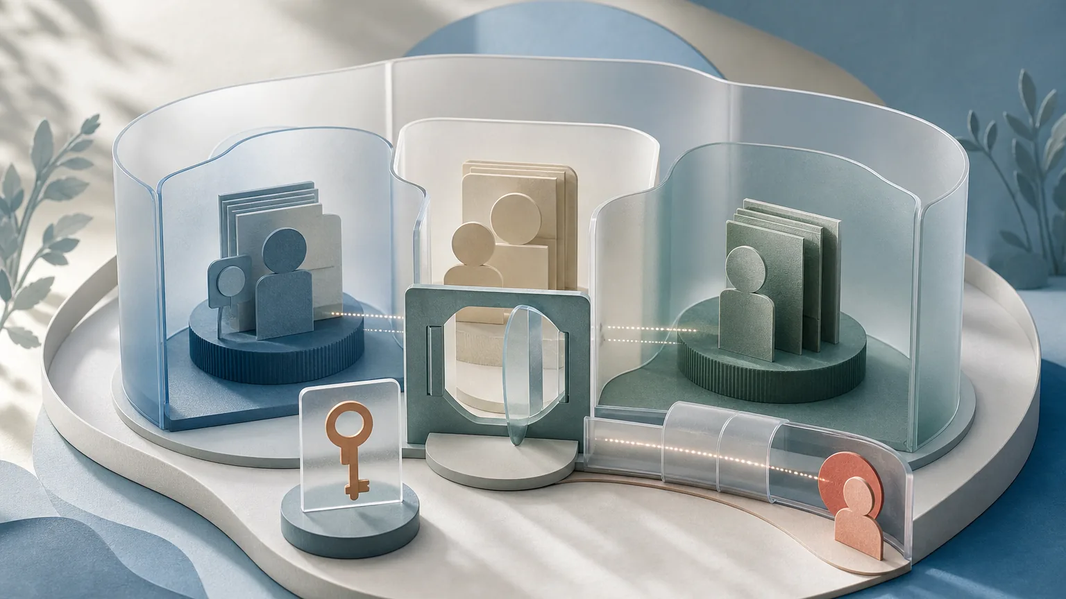 Translucent privacy pavilion with separate record chambers, controlled gateways, and a consent key.