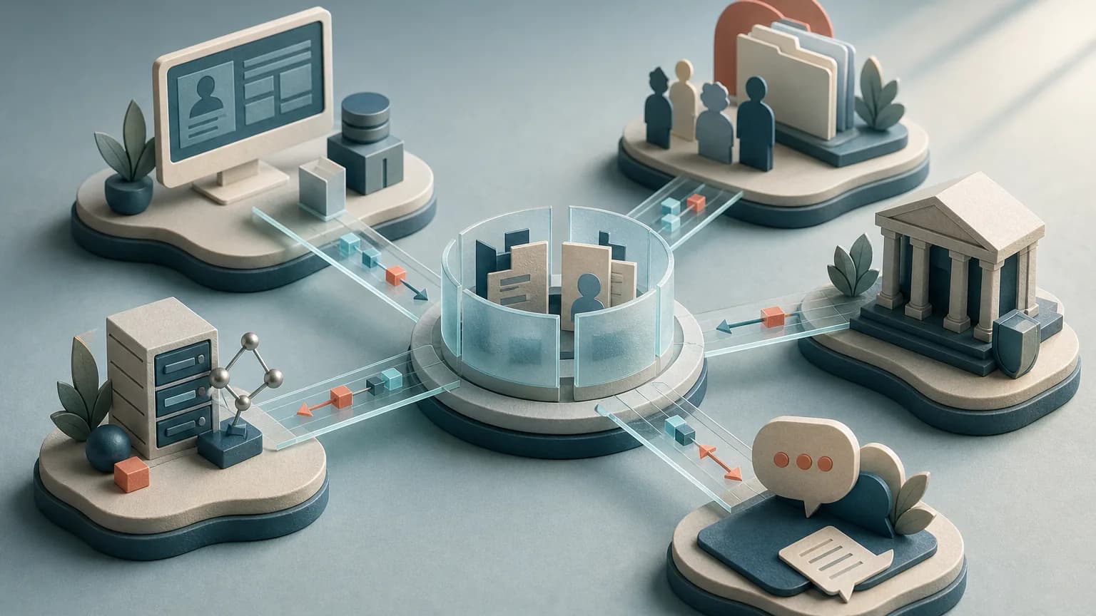 Distinct EHR, CRM, payer, and communication islands linked through governed data bridges to a central record.