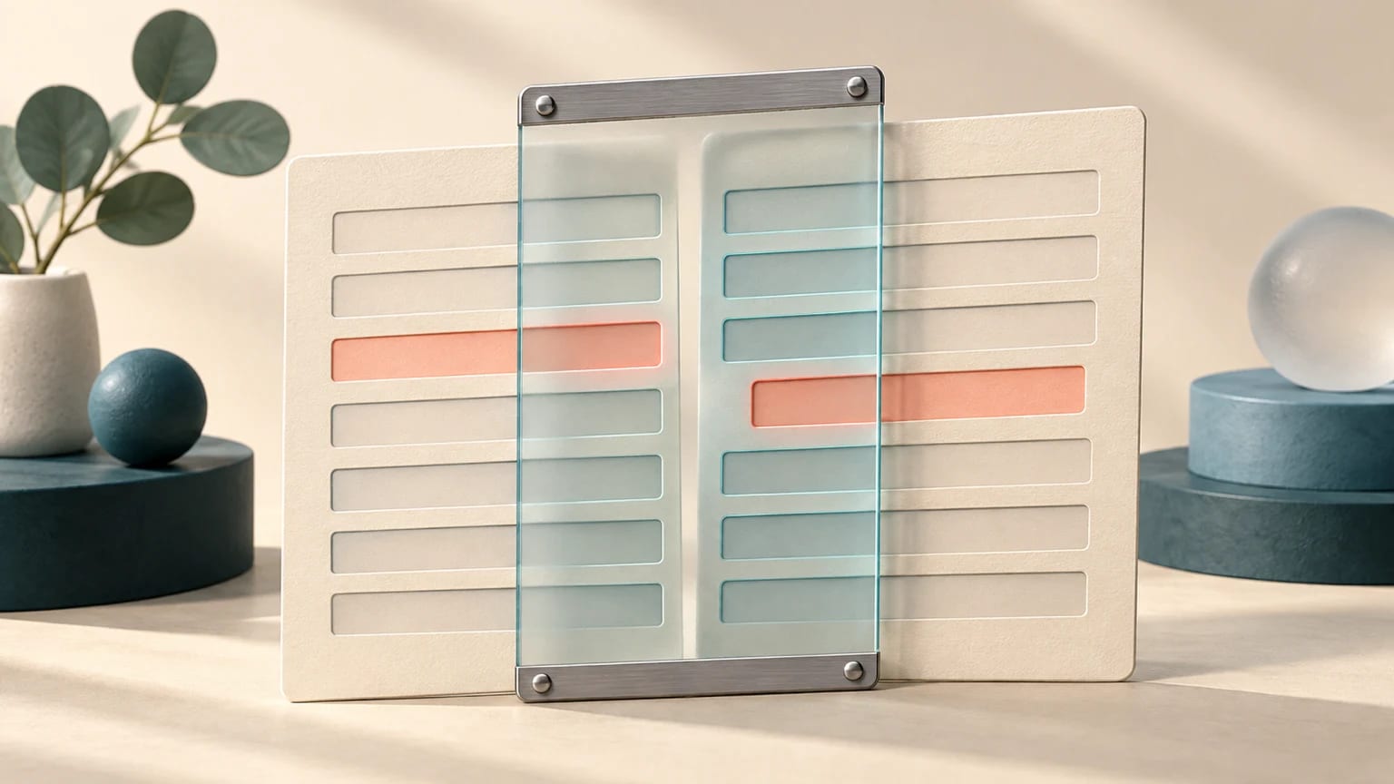 Two blank document cards drawn together through a frosted-glass alignment frame, their rows registering cleanly except for one row that fails to line up.