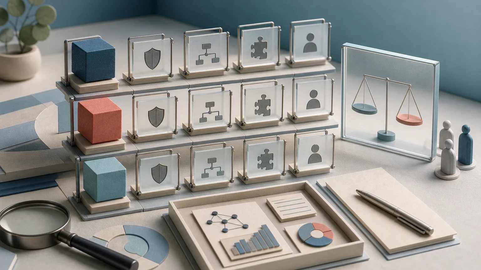 Three abstract vendor modules moving through security, workflow, integration, and human-control test frames.