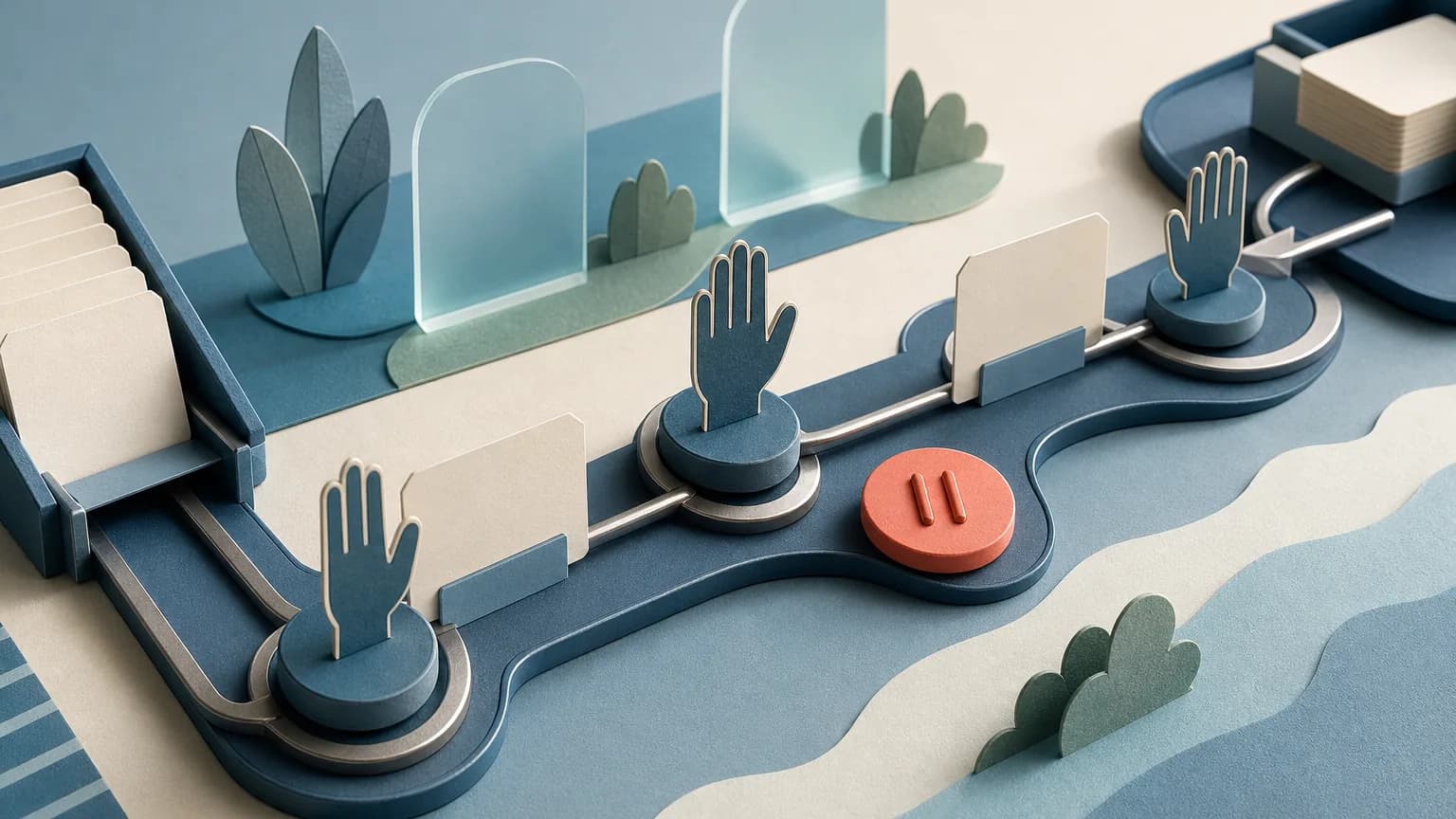 Automated pathway pausing at several hand-shaped human review stations and a coral stop control.