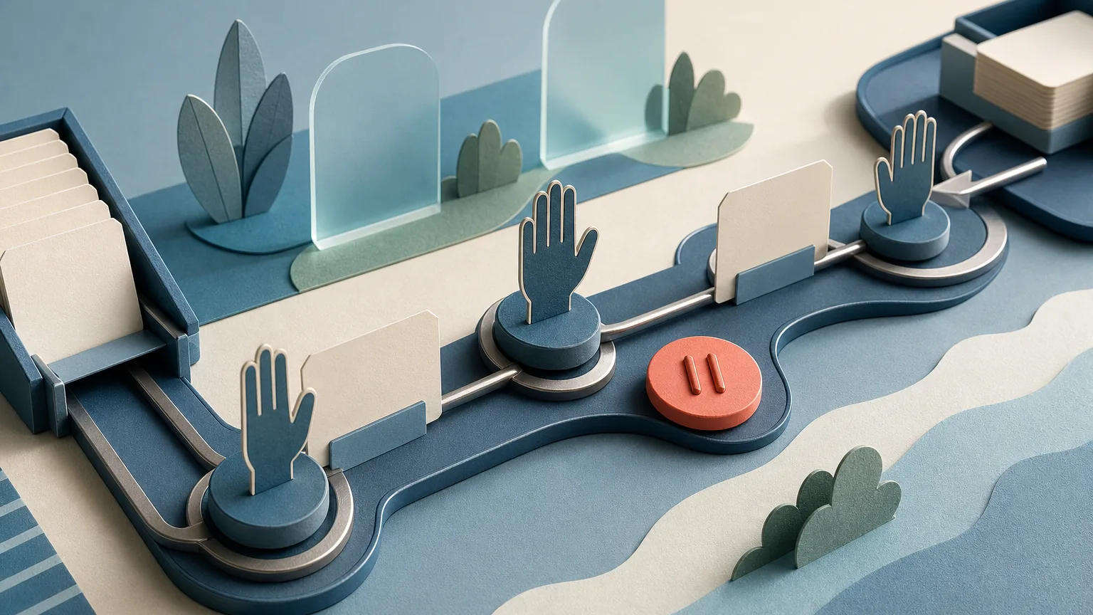 Automated pathway pausing at several hand-shaped human review stations and a coral stop control.