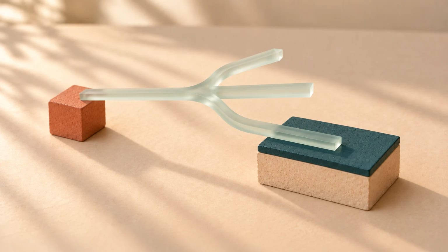 A coral cube at one end of a frosted glass track that splits into three branches; two end in mid-air over empty table, and only the third comes down onto a clay block.