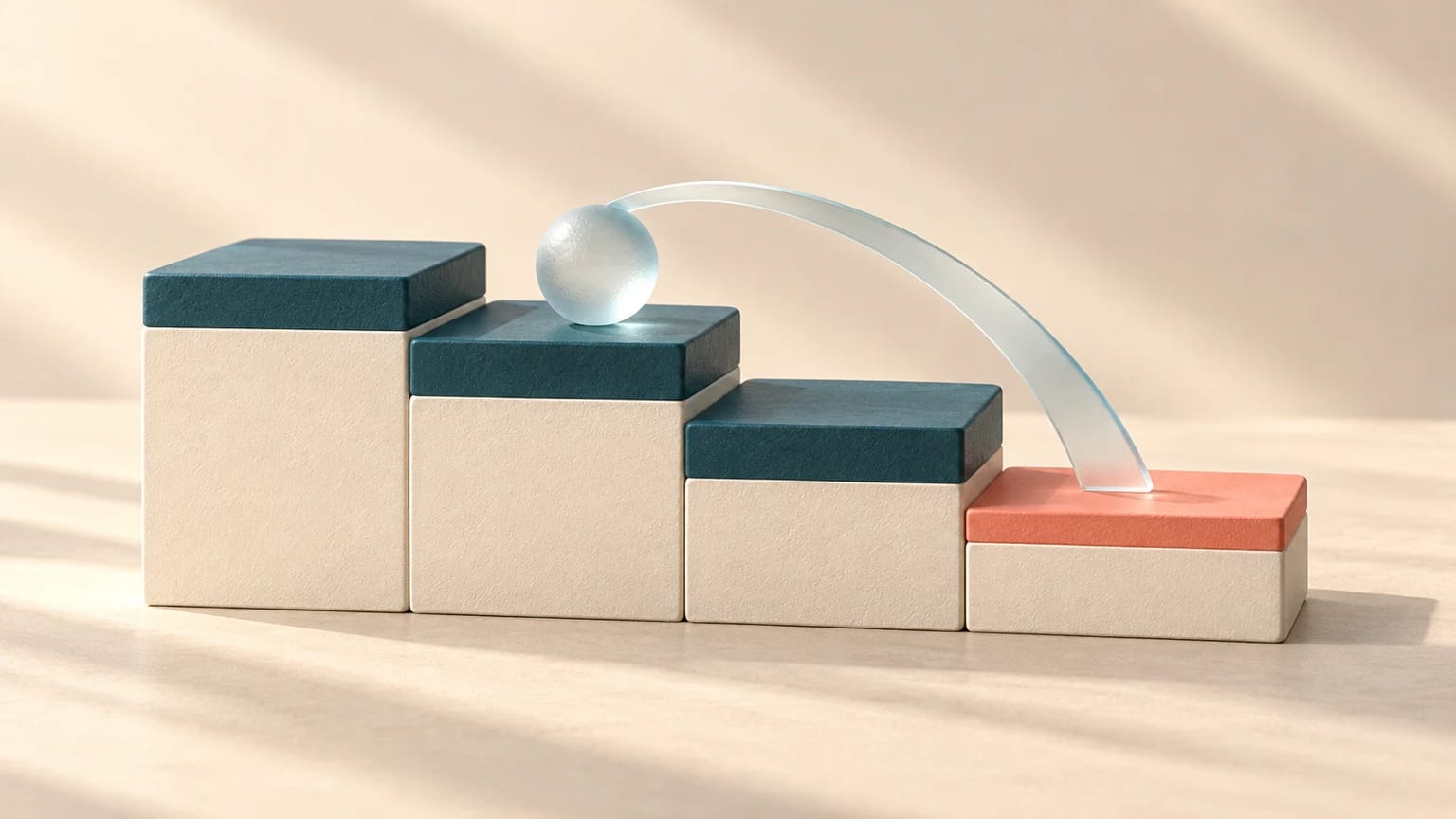 Four descending clay-and-paper platforms of decreasing height, with a frosted-glass marker on an upper tier and a translucent arc proposing a move to the lower one.