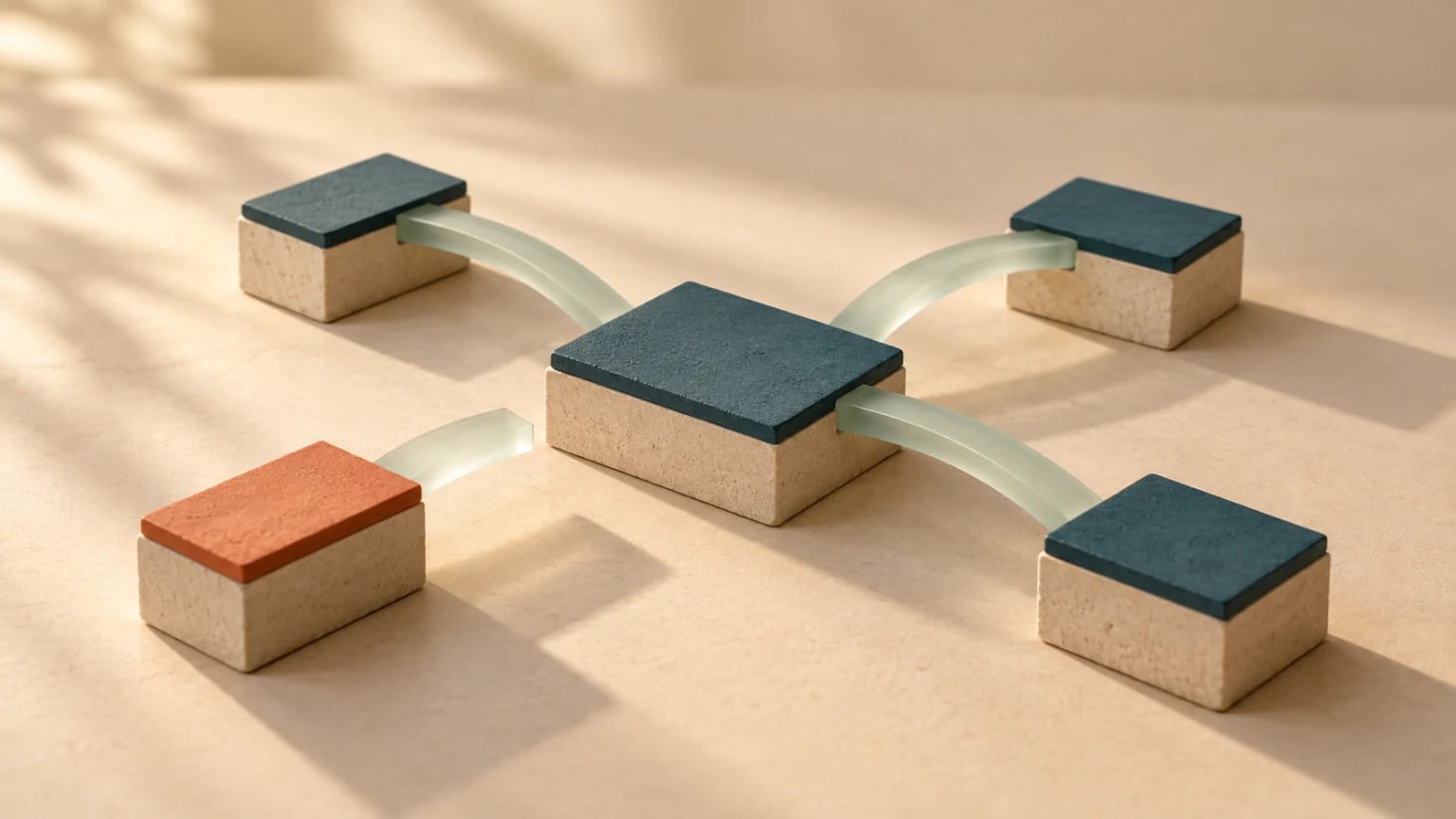 Four clay platforms joined by frosted glass bridges to a larger central one; the single coral platform's bridge stops short, leaving a visible gap where it never reaches the centre.