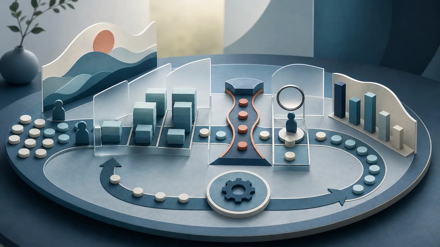 Circular operations model with case tokens, capacity blocks, a bottleneck lane, quality sampling, and a feedback loop.