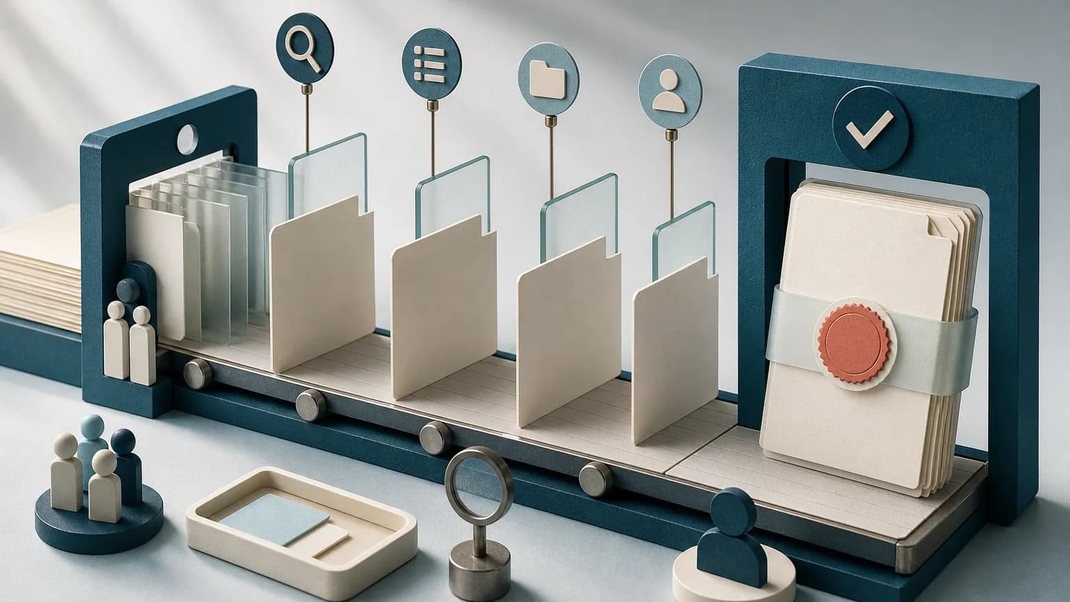 Paper-and-glass evidence cards aligning into a complete prior authorization packet at a review gate.