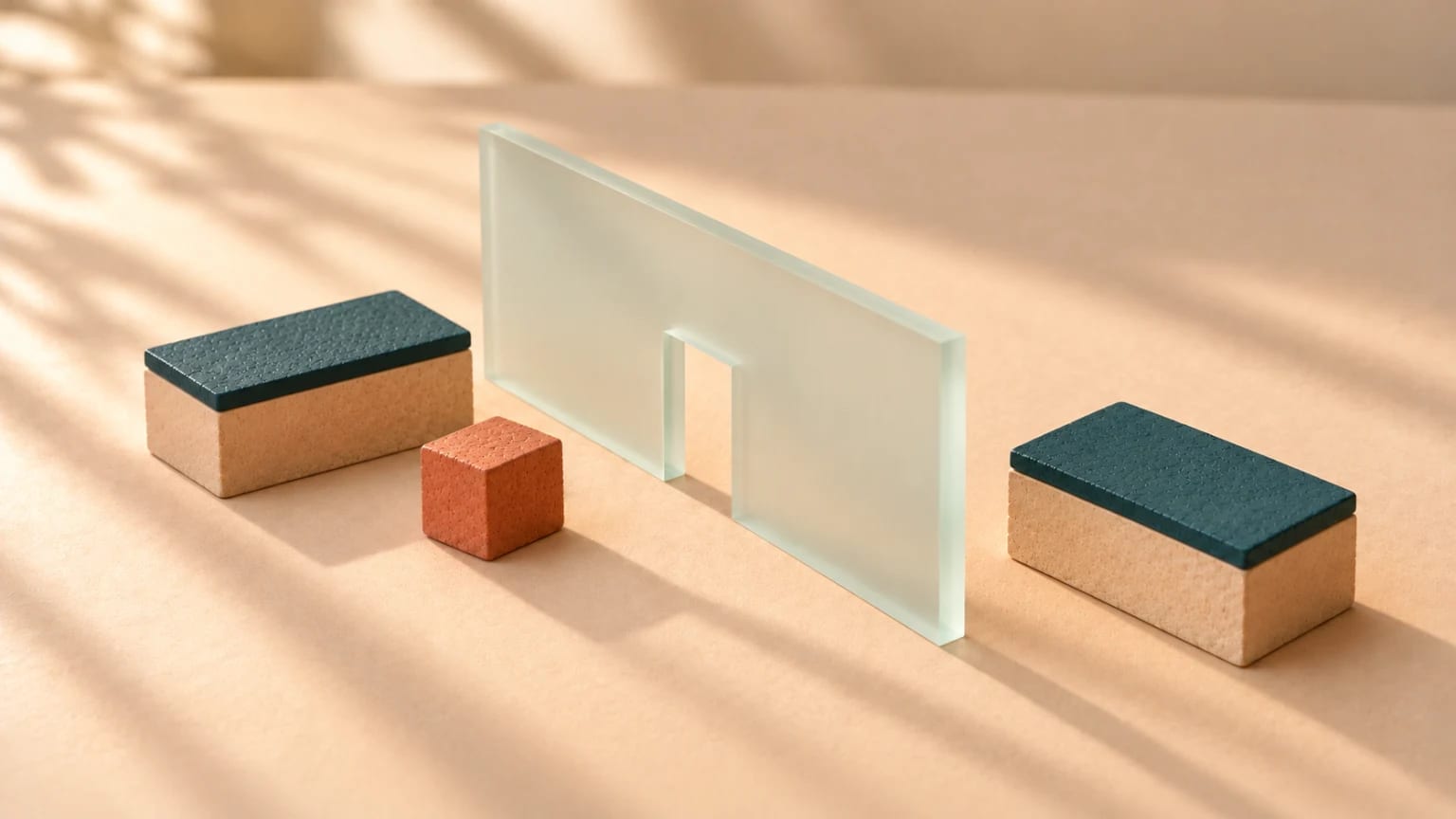 An upright frosted glass wall with a single doorway cut through it, a clay block on each side, and one coral cube resting on the near side only.