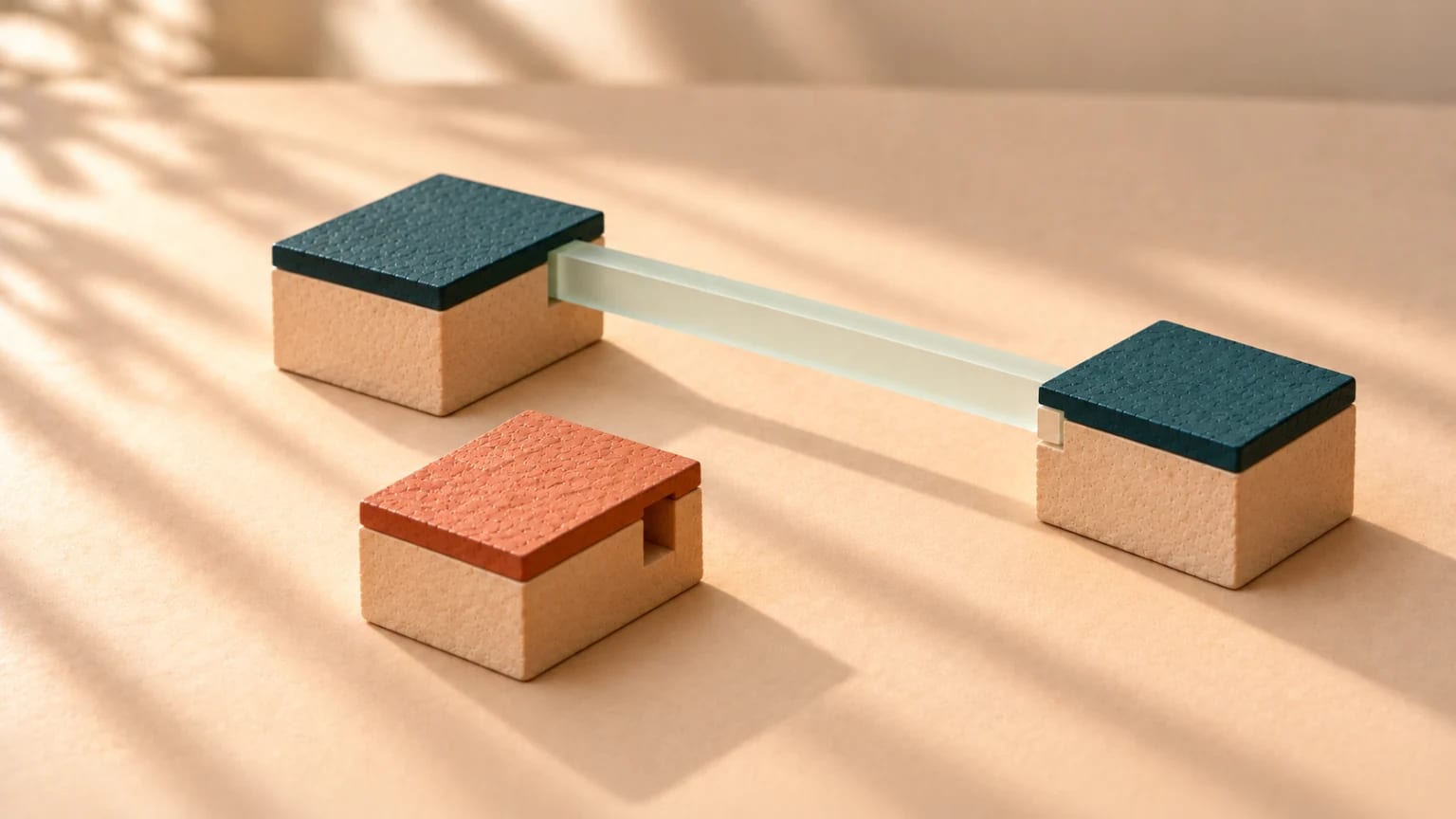 Two clay blocks joined by a frosted glass bar seated flush into a notch cut in each; a third block, capped in coral, has the same notch standing empty.