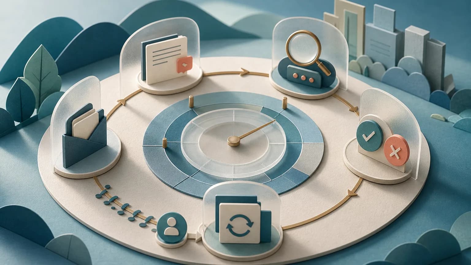 Circular review landscape connecting a case token to milestone gates, a decision point, and a renewal loop.