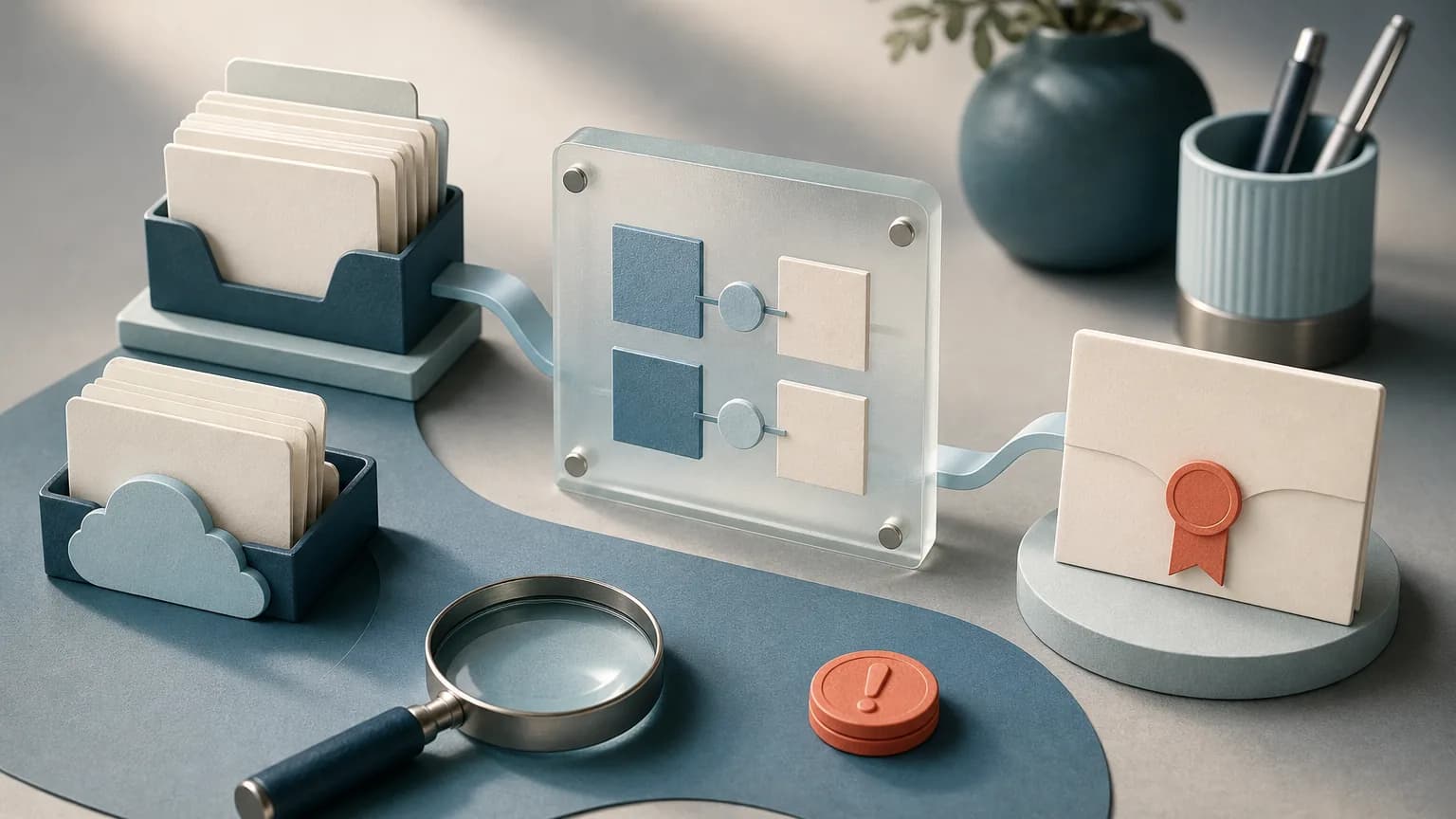Verification workbench where blank source cards converge through a comparison frame into one sealed summary.